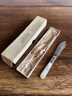 Antique Butter or Fish Knife with Sliver Plated Spreader Mother Of Pearl Handle